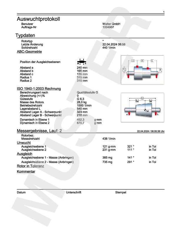 Auswuchtprotokoll nach ISO 1940 - Muster